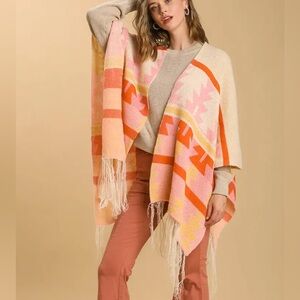 Umgee Shawl Open Front Vintage Pattern Long Sleeve with Fringe